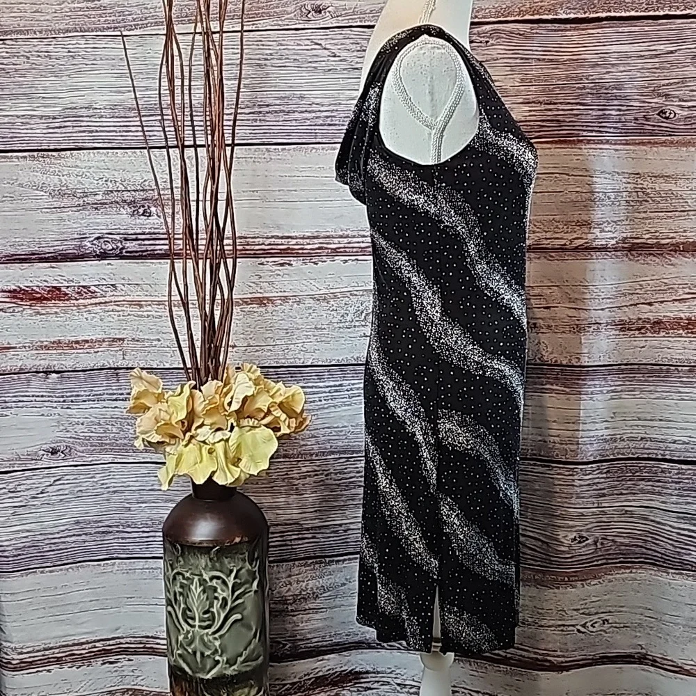 VINTAGE SCARLET BLACK SLEEVELESS COWEL BACK GLITTER FORM FITTING DRESS